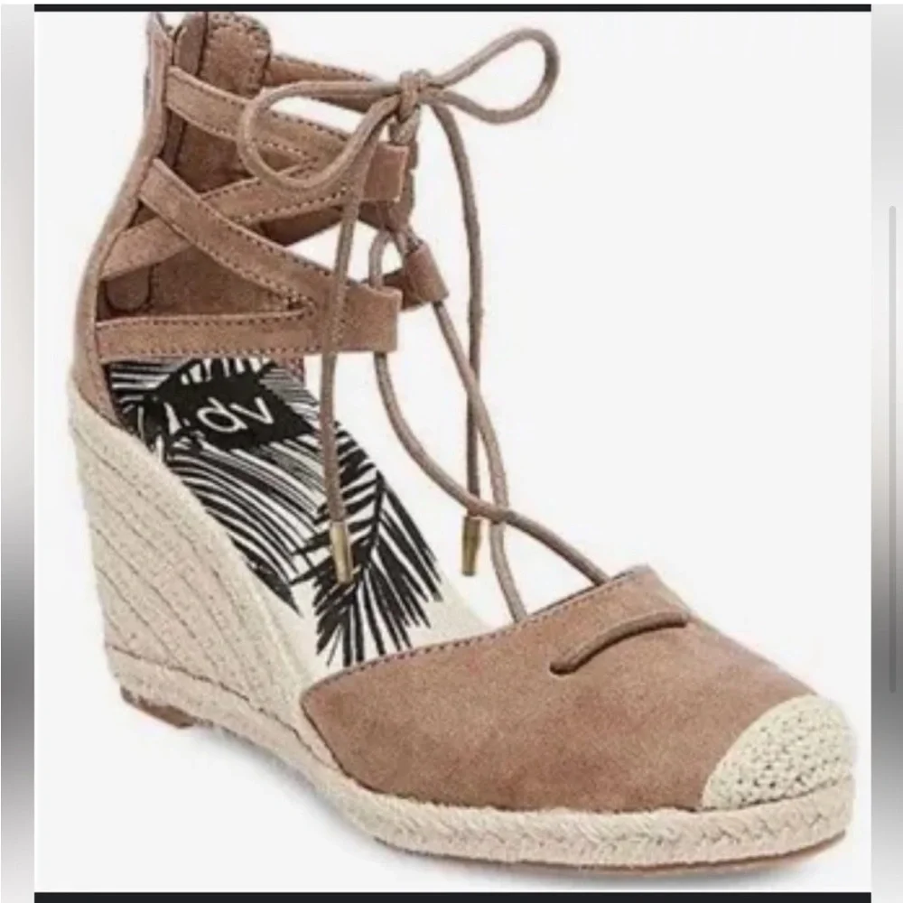 DV DOLCE VITA Taupe Suede Textile Lace Up Zip Back Espadrille Wedge Shoes